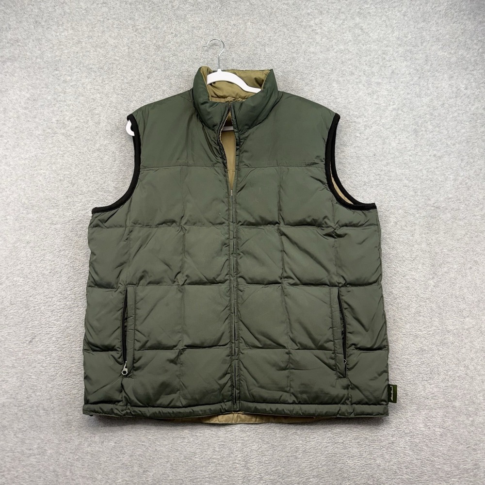 Eddie Bauer Goose Down Vest Mens Large Green Reversible Puffer Zip Pockets Nylon